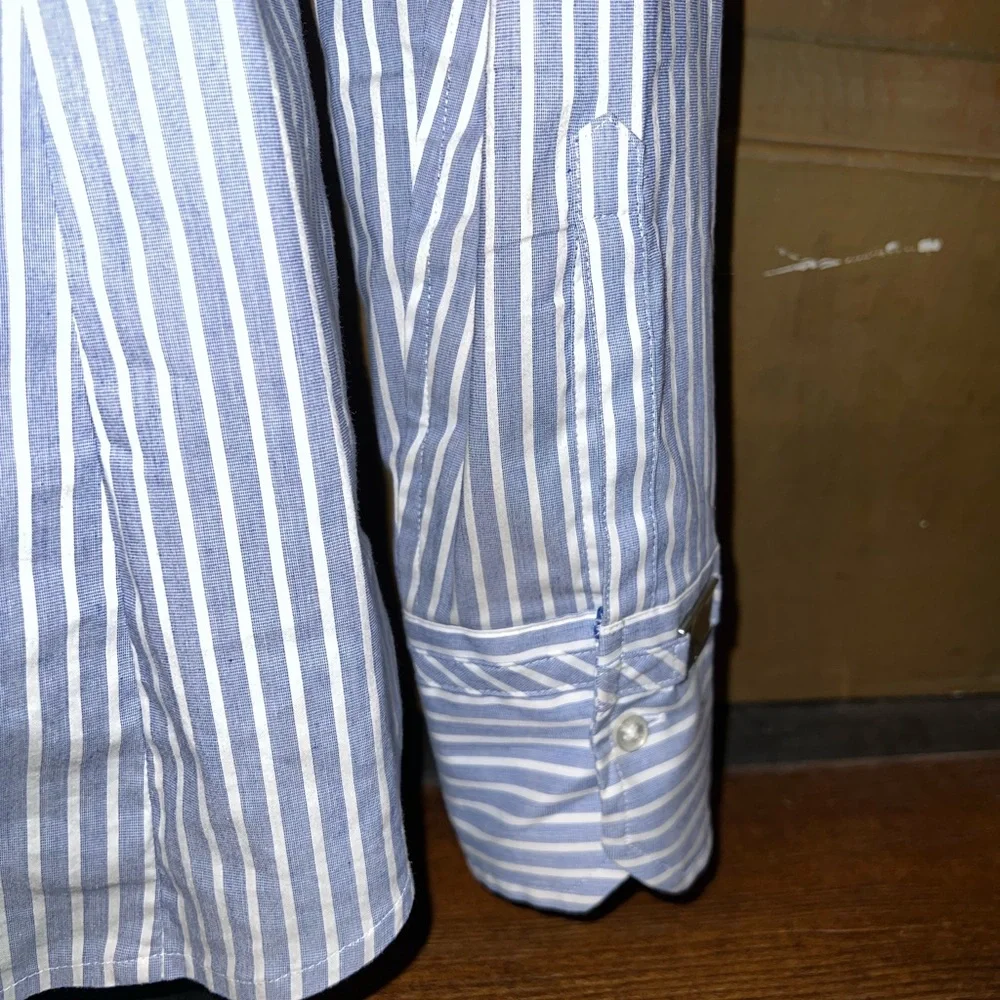 Express Blue & White Striped Button Up Stretch Long Sleeve Shirt Size M - Picture 6 of 10